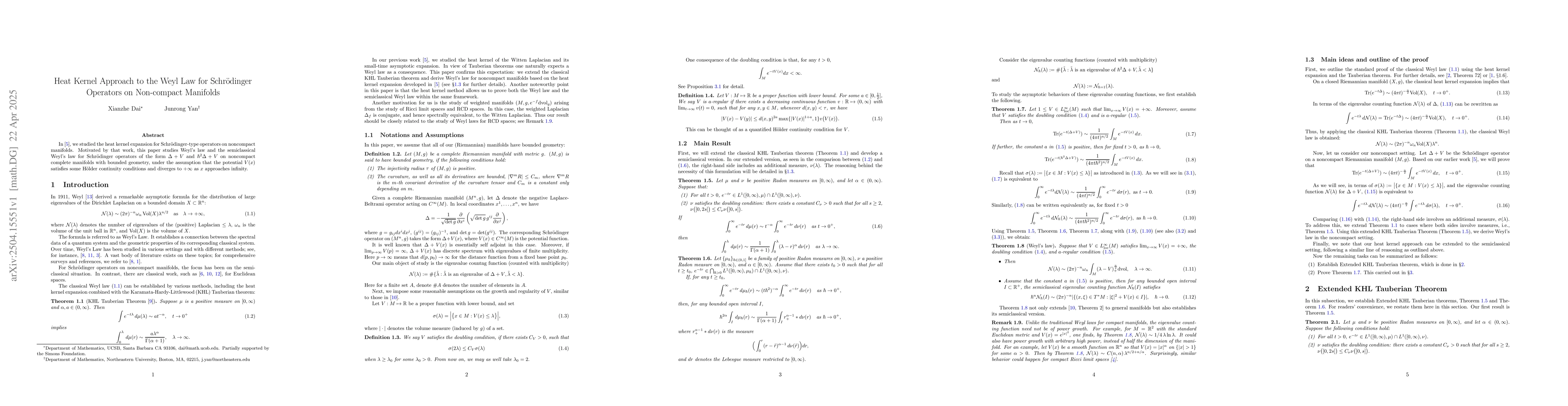 Thumbnail for Heat Kernel Approach to the Weyl Law for Schrödinger Operators on
  Non-compact Manifolds