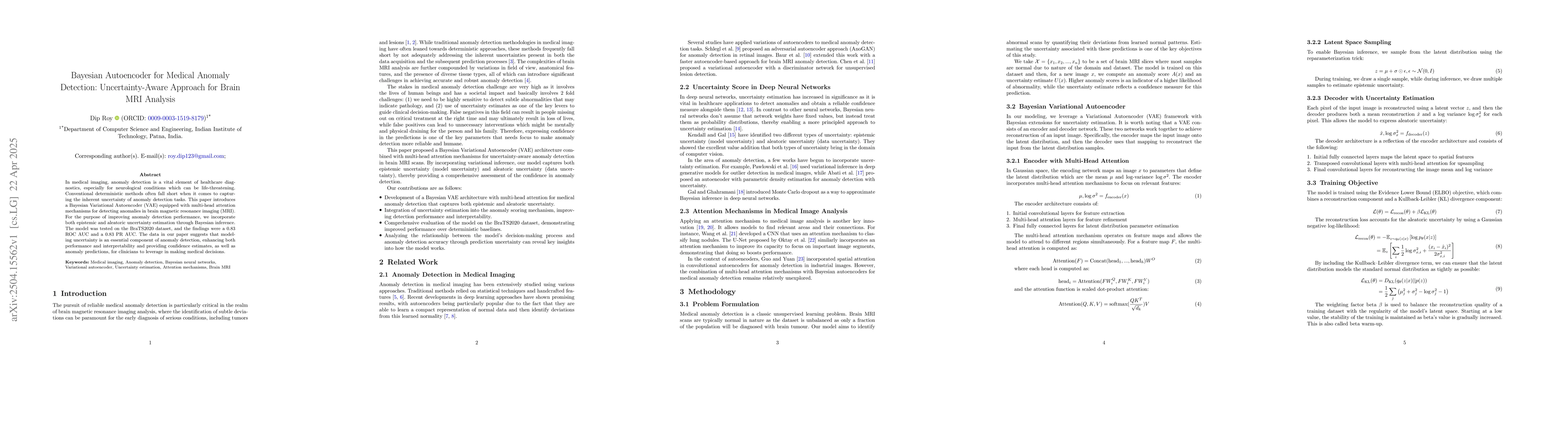 Thumbnail for Bayesian Autoencoder for Medical Anomaly Detection: Uncertainty-Aware
  Approach for Brain 2 MRI Analysis