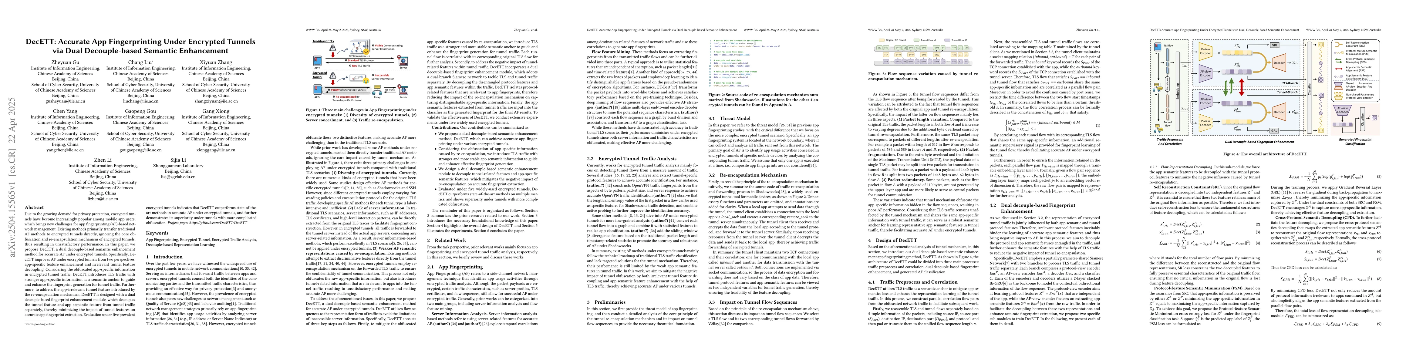 Thumbnail for DecETT: Accurate App Fingerprinting Under Encrypted Tunnels via Dual
  Decouple-based Semantic Enhancement