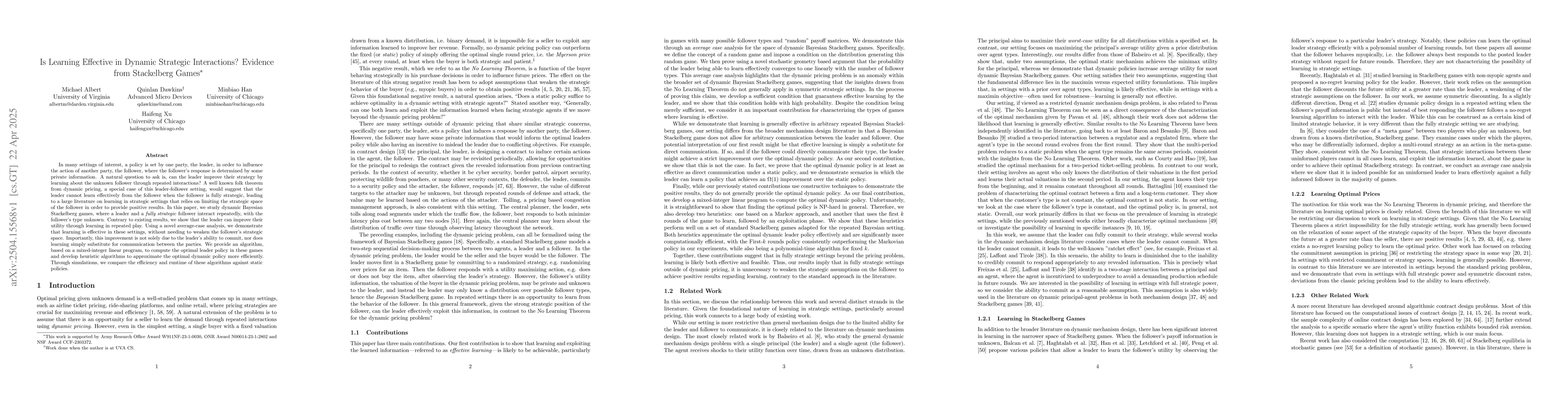 Thumbnail for Is Learning Effective in Dynamic Strategic Interactions? Evidence from
  Stackelberg Games