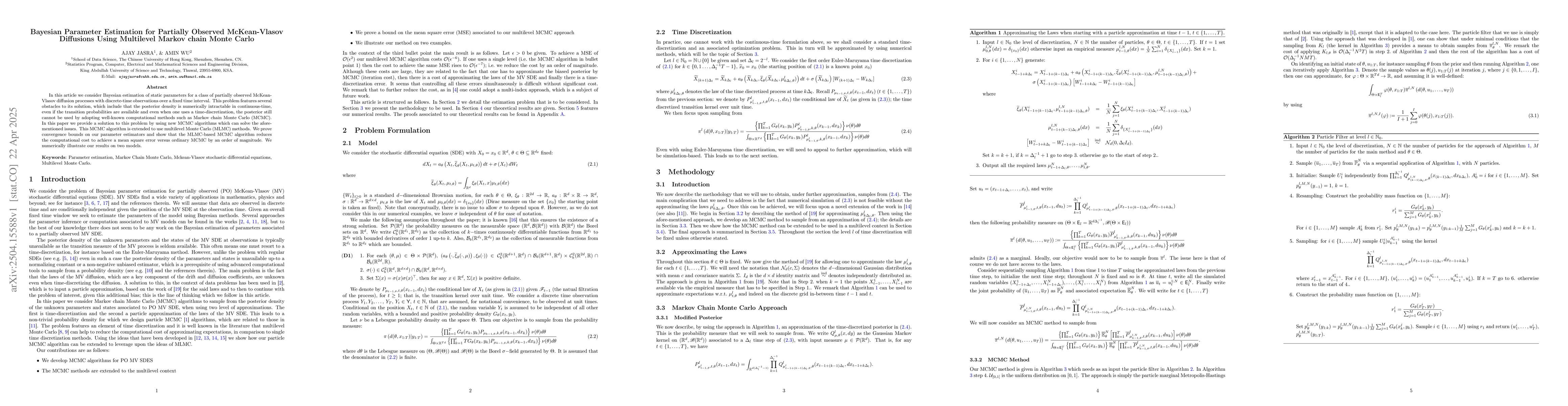 Thumbnail for Bayesian Parameter Estimation for Partially Observed McKean-Vlasov
  Diffusions Using Multilevel Markov chain Monte Carlo