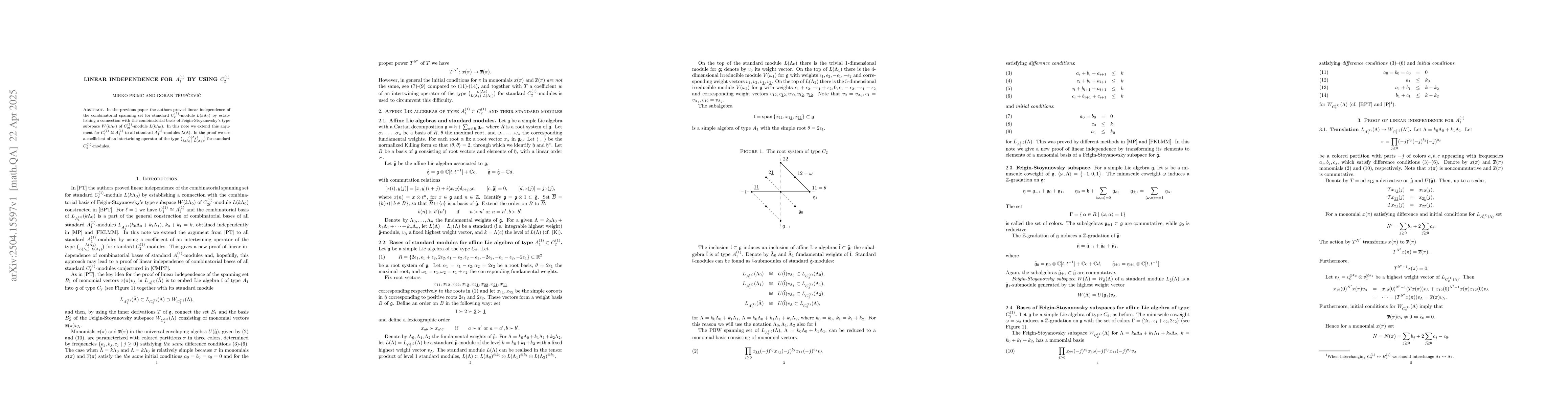 Thumbnail for Linear independence for $A_1^{(1)}$ by using $C_{2}^{(1)}$