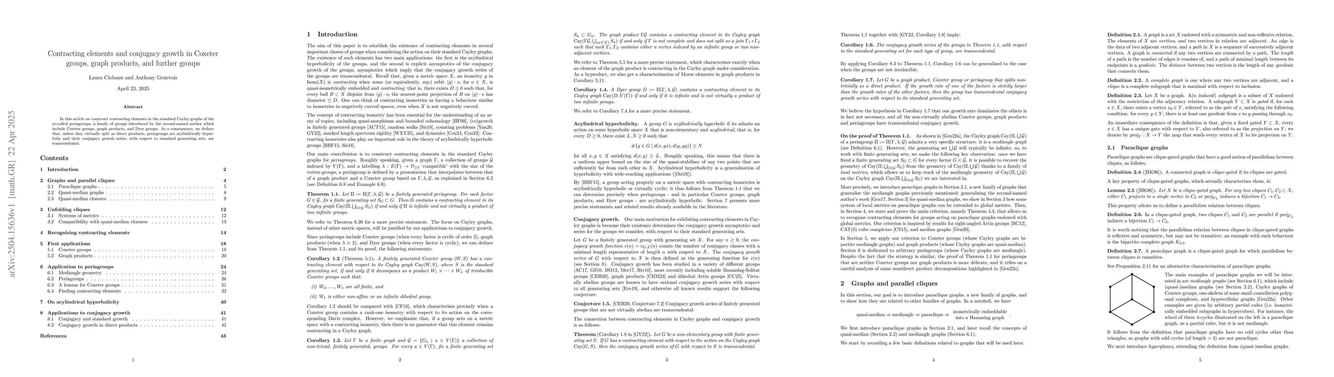 Thumbnail for Contracting elements and conjugacy growth in Coxeter groups, graph
  products, and further groups