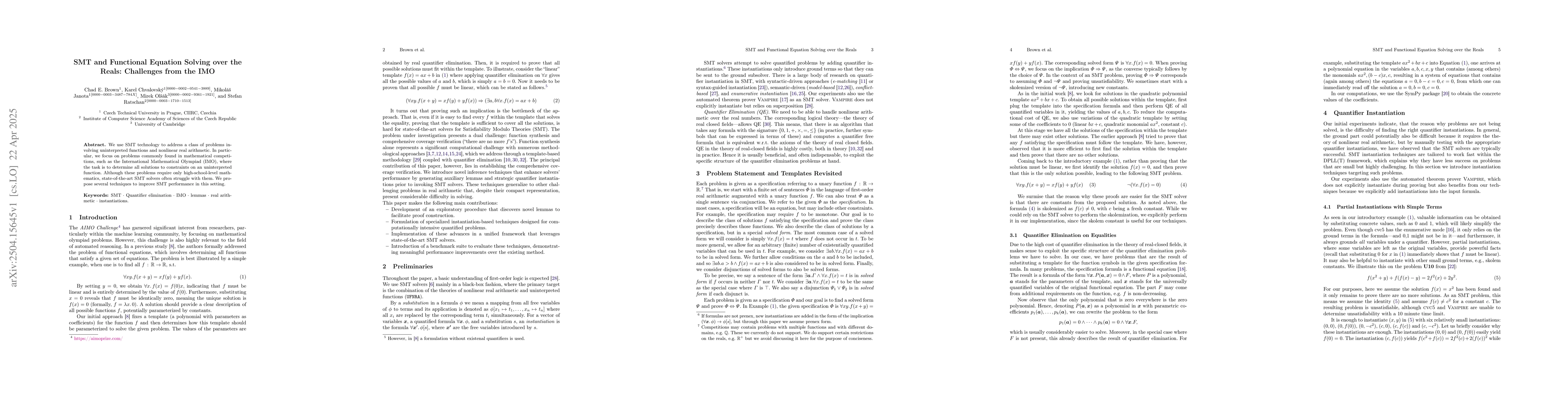 Thumbnail for SMT and Functional Equation Solving over the Reals: Challenges from the
  IMO
