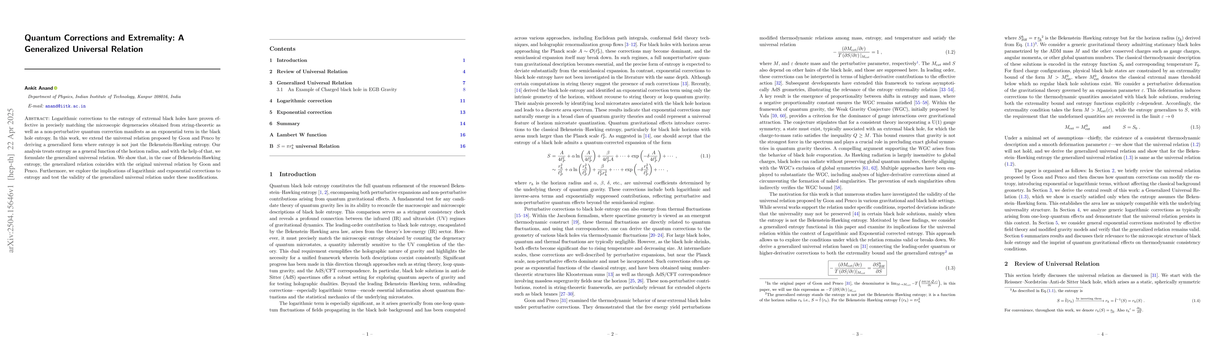 Thumbnail for Quantum Corrections and Extremality: A Generalized Universal Relation