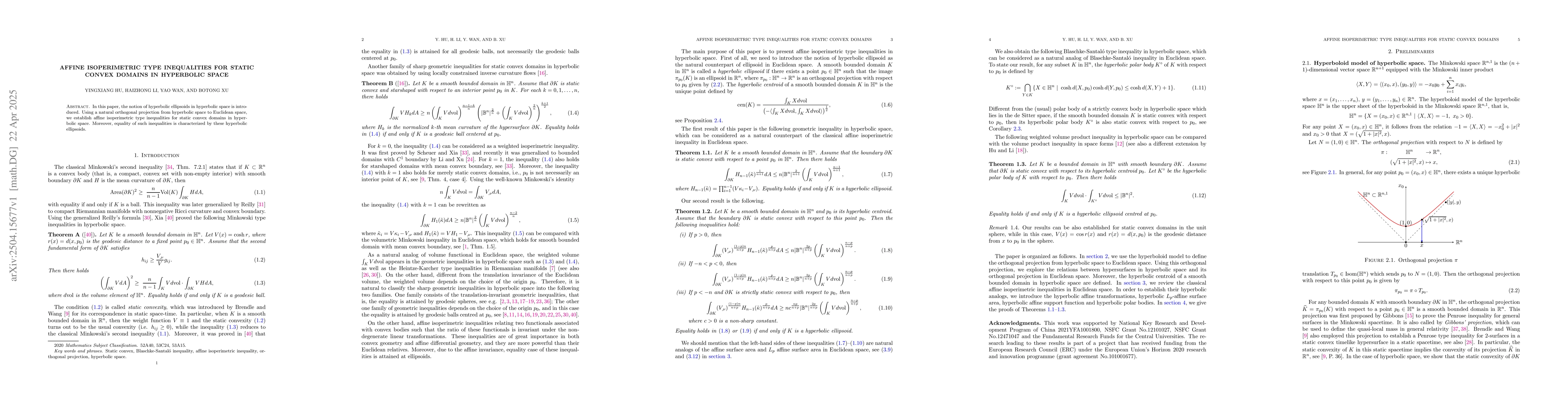 Thumbnail for Affine isoperimetric type inequalities for static convex domains in
  hyperbolic space