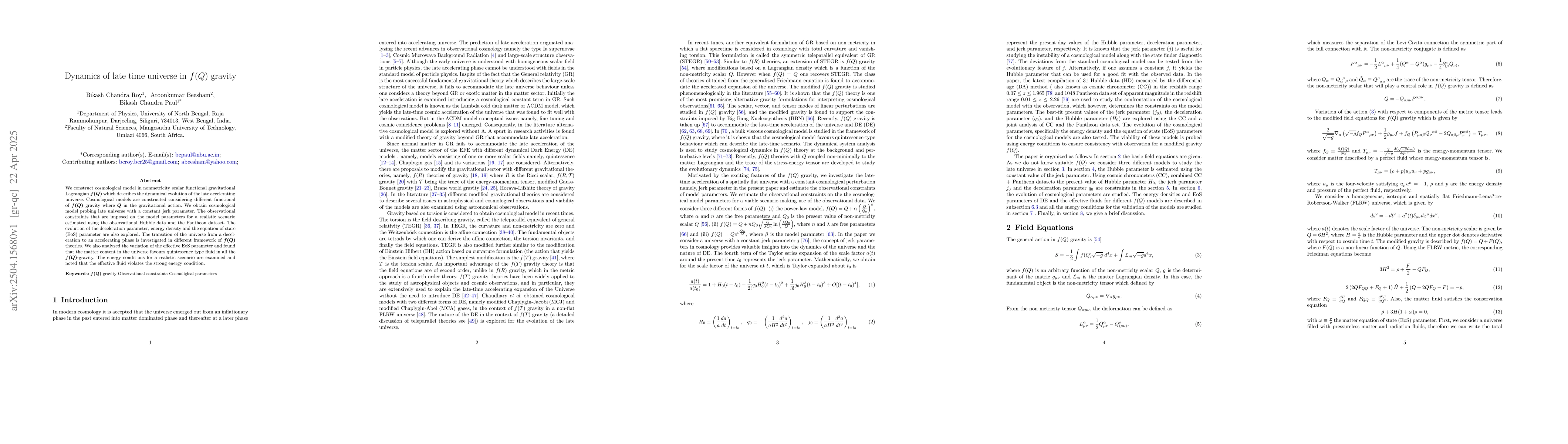 Thumbnail for Dynamics of late time universe in $f(Q)$ gravity