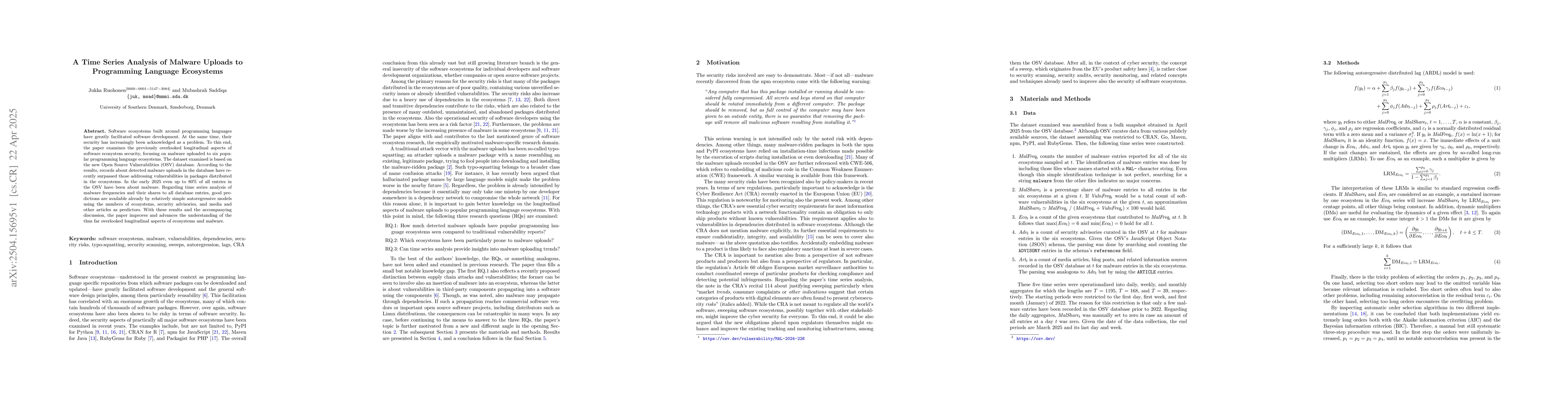 Thumbnail for A Time Series Analysis of Malware Uploads to Programming Language
  Ecosystems