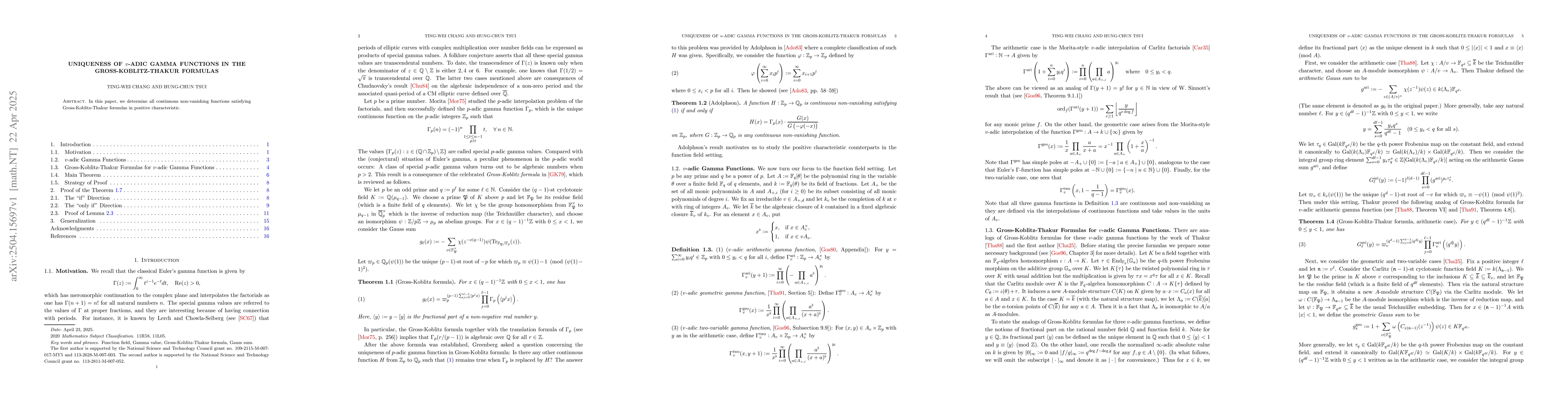 Thumbnail for Uniqueness of $v$-adic Gamma Functions in the Gross-Koblitz-Thakur
  Formulas