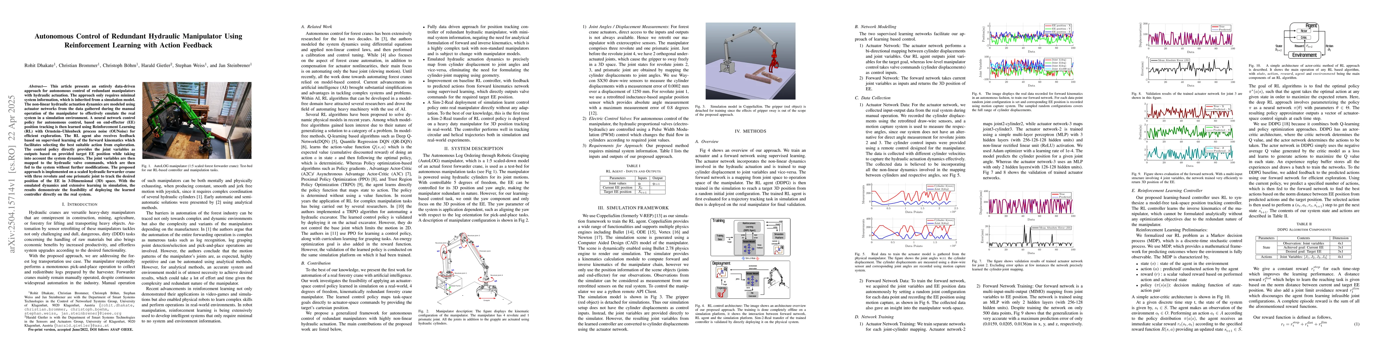 Thumbnail for Autonomous Control of Redundant Hydraulic Manipulator Using
  Reinforcement Learning with Action Feedback