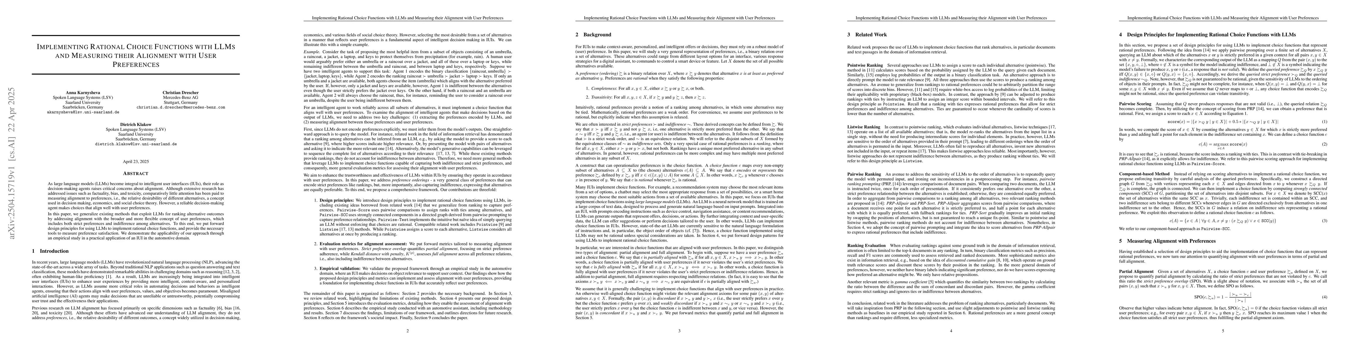 Thumbnail for Implementing Rational Choice Functions with LLMs and Measuring their
  Alignment with User Preferences