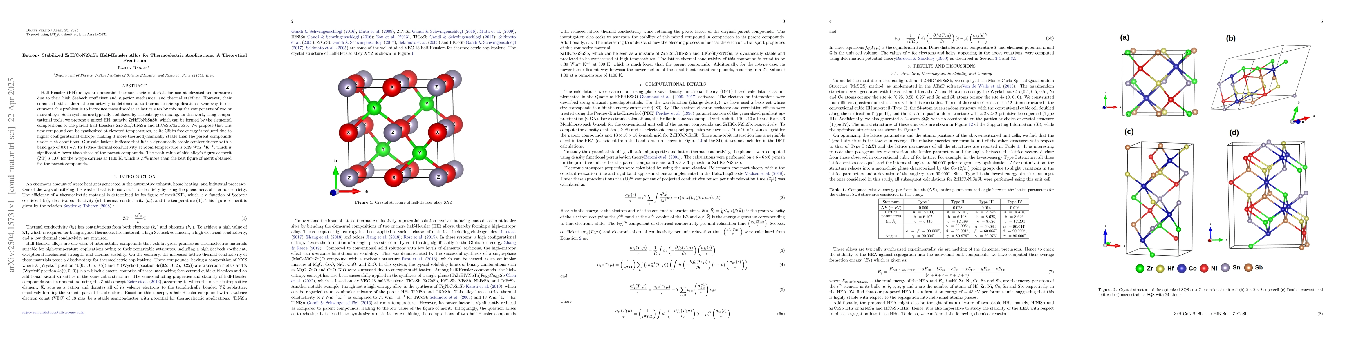 Thumbnail for Entropy Stabilized ZrHfCoNiSnSb Half-Heusler Alloy for Thermoelectric
  Applications: A Theoretical Prediction