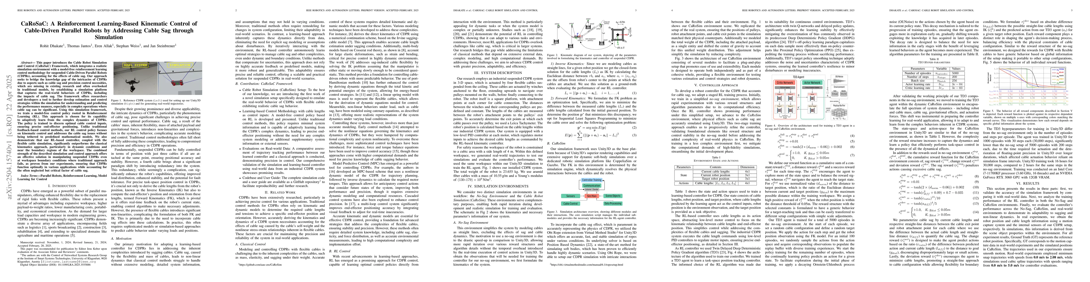 Thumbnail for CaRoSaC: A Reinforcement Learning-Based Kinematic Control of
  Cable-Driven Parallel Robots by Addressing Cable Sag through Simulation