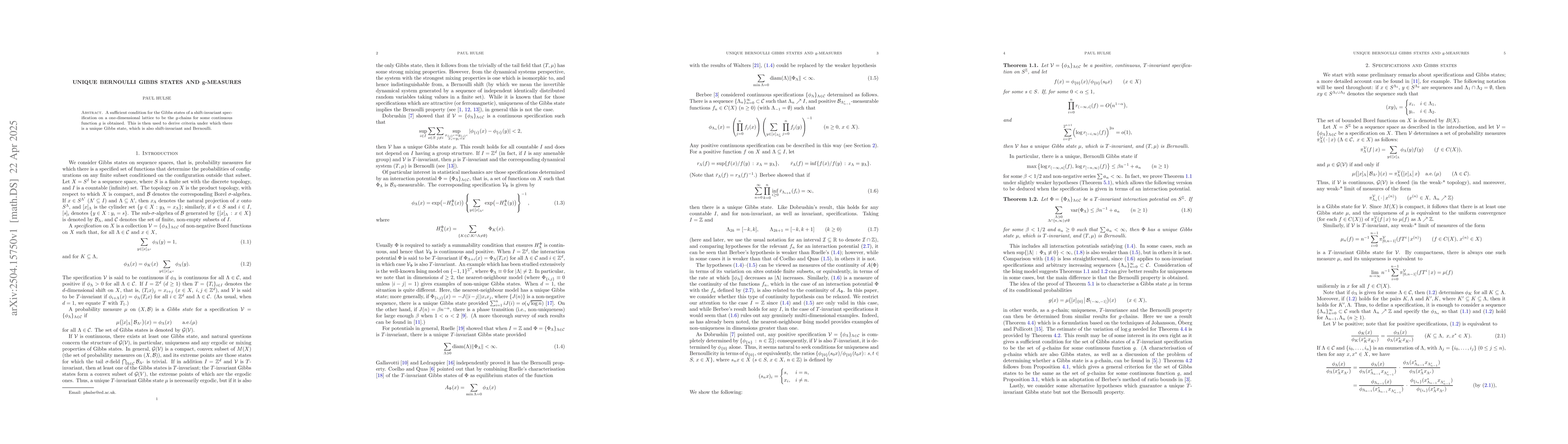 Thumbnail for Unique Bernoulli Gibbs states and g-measures
