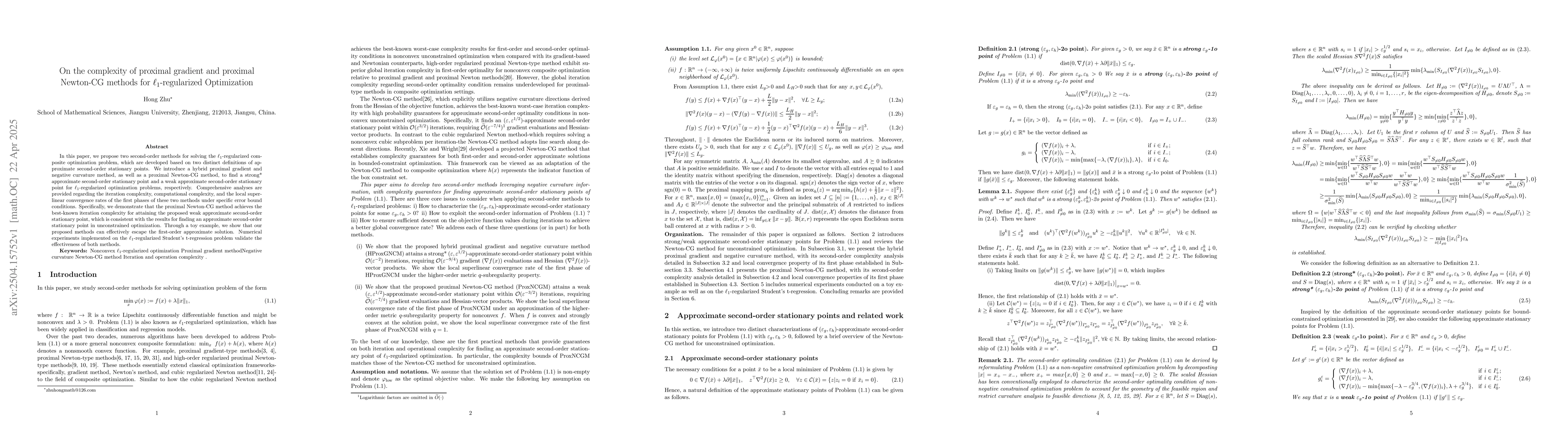 Thumbnail for On the complexity of proximal gradient and proximal Newton-CG methods
  for \(\ell_1\)-regularized Optimization