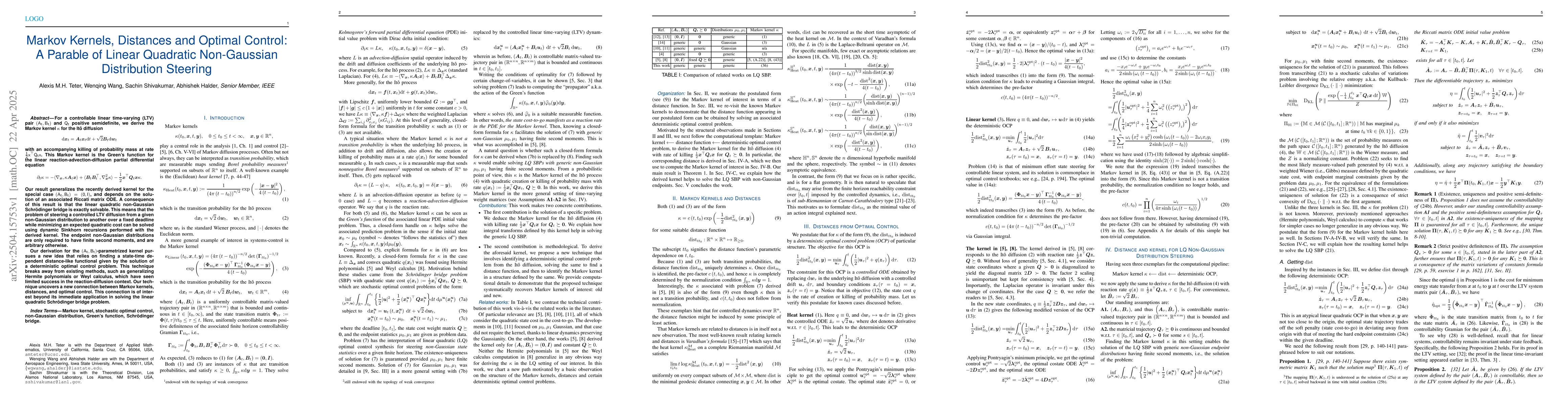 Thumbnail for Markov Kernels, Distances and Optimal Control: A Parable of Linear
  Quadratic Non-Gaussian Distribution Steering