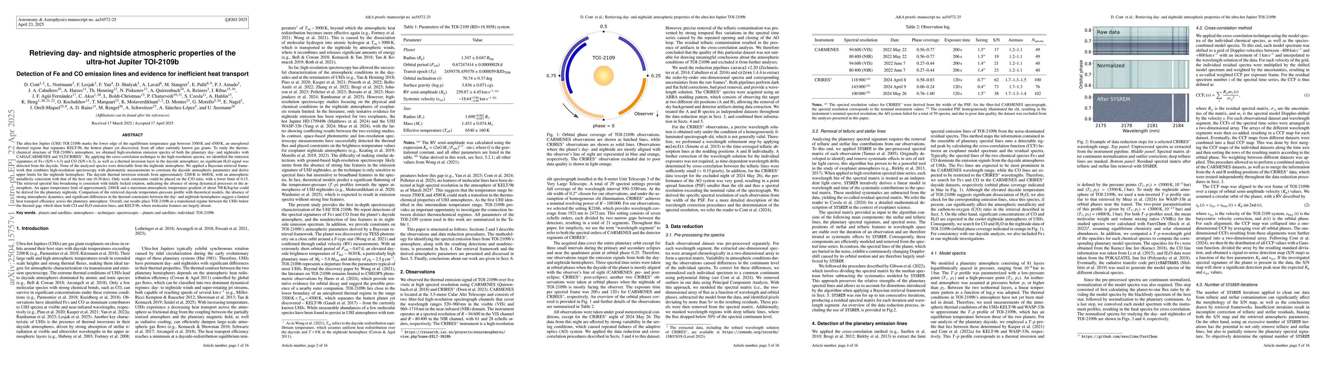 Thumbnail for Retrieving day- and nightside atmospheric properties of the ultra-hot
  Jupiter TOI-2109b. Detection of Fe and CO emission lines and evidence for
  inefficient heat transport