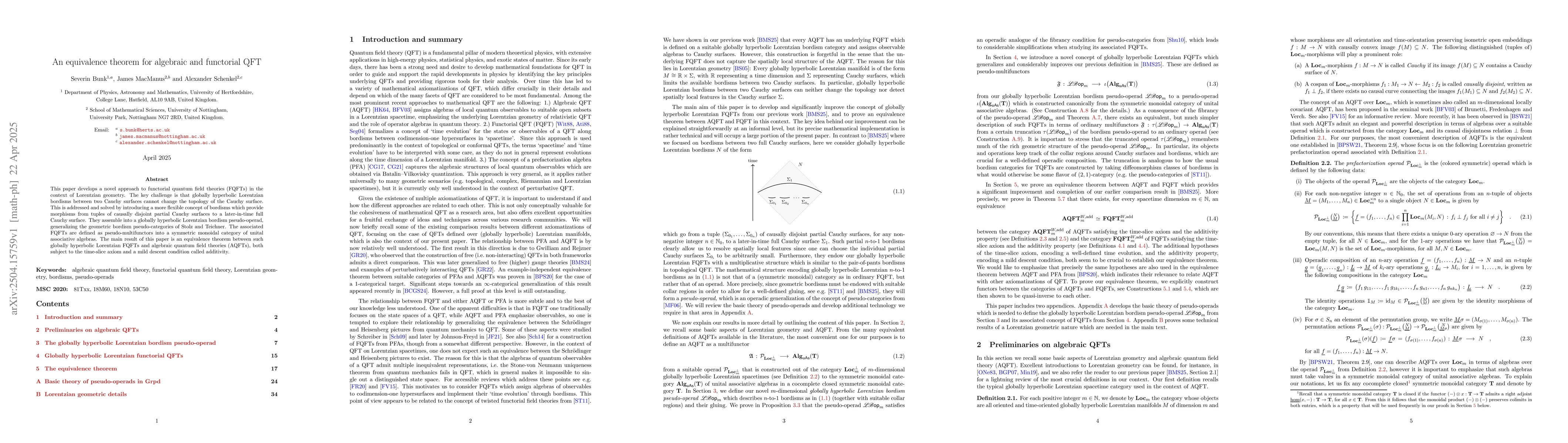 Thumbnail for An equivalence theorem for algebraic and functorial QFT