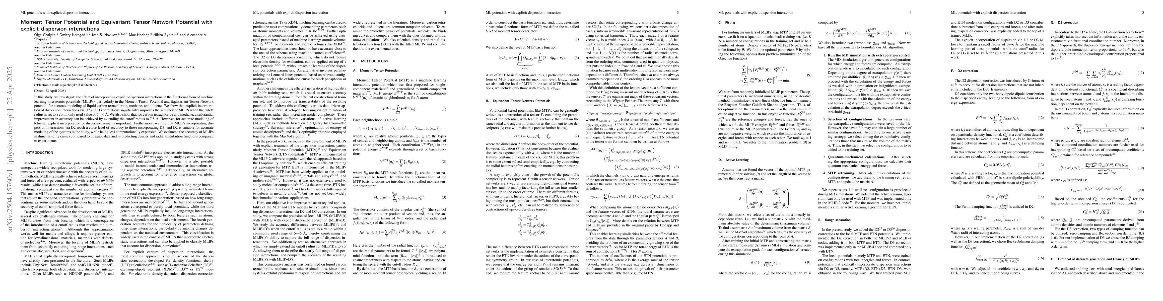 Thumbnail for Moment Tensor Potential and Equivariant Tensor Network Potential with
  explicit dispersion interactions