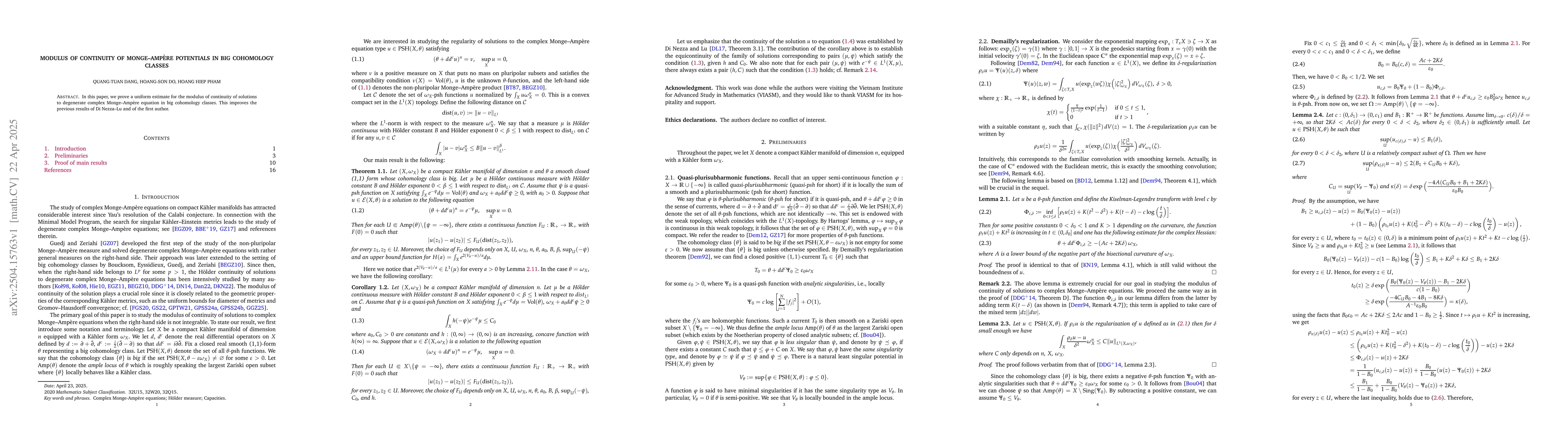 Thumbnail for Modulus of continuity of Monge--Ampère potentials in big cohomology
  classes