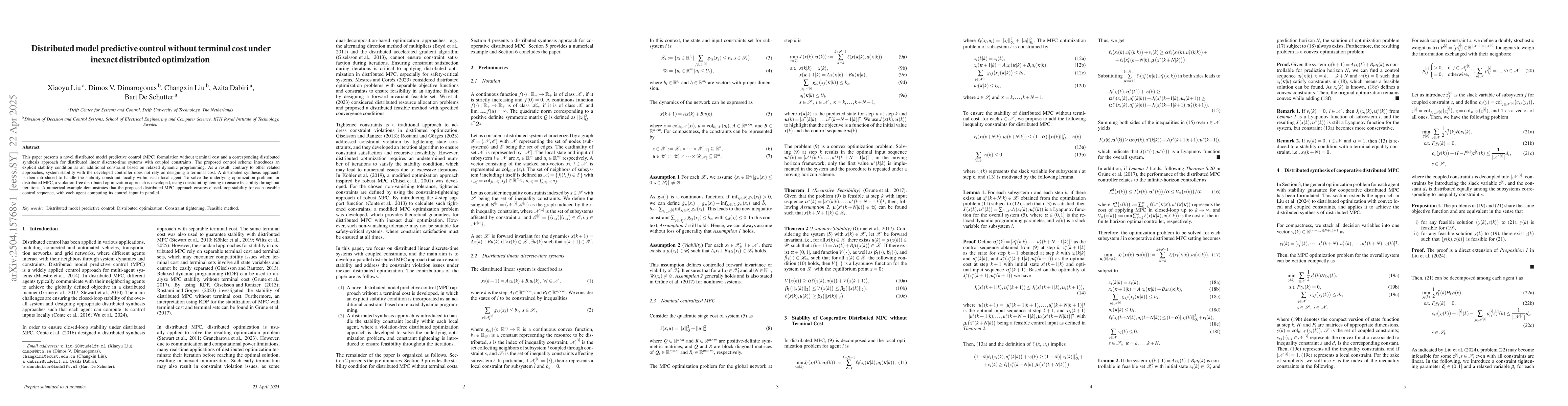 Thumbnail for Distributed model predictive control without terminal cost under inexact
  distributed optimization
