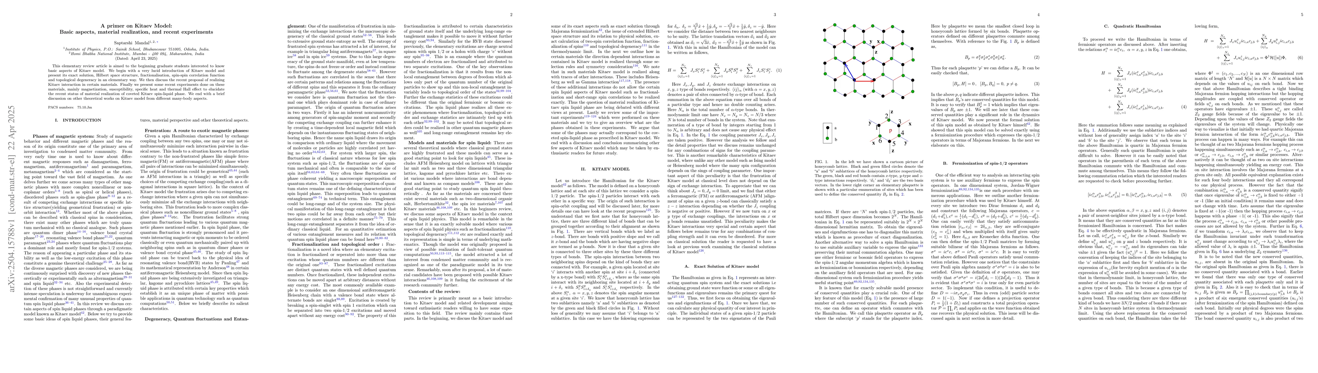 Thumbnail for A primer on Kitaev Model: Basic aspects, material realization, and
  recent experiments
