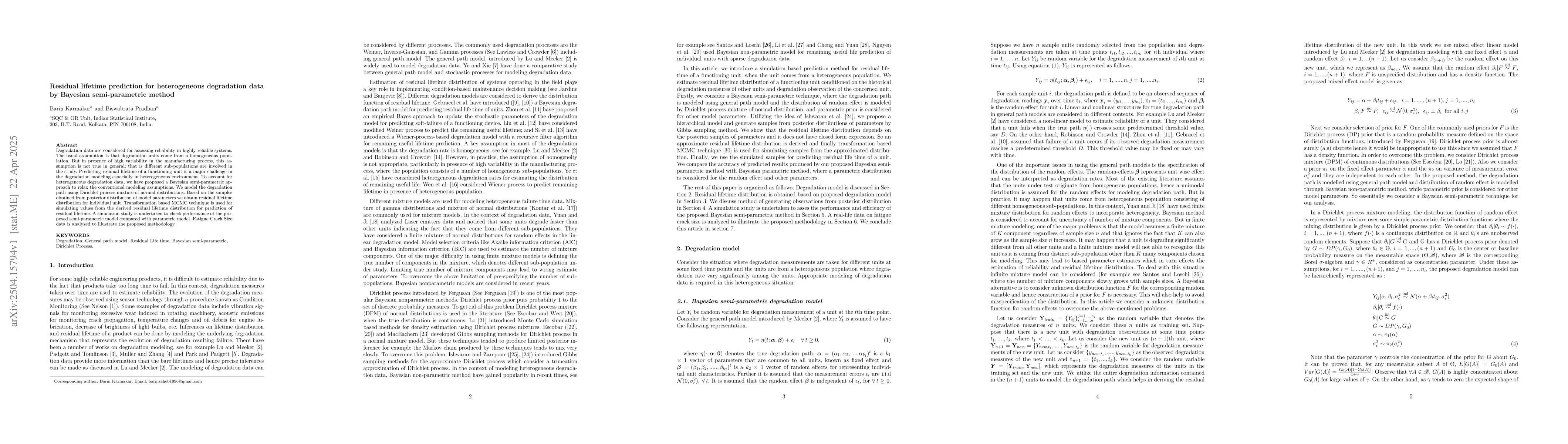 Thumbnail for Residual lifetime prediction for heterogeneous degradation data by
  Bayesian semi-parametric method