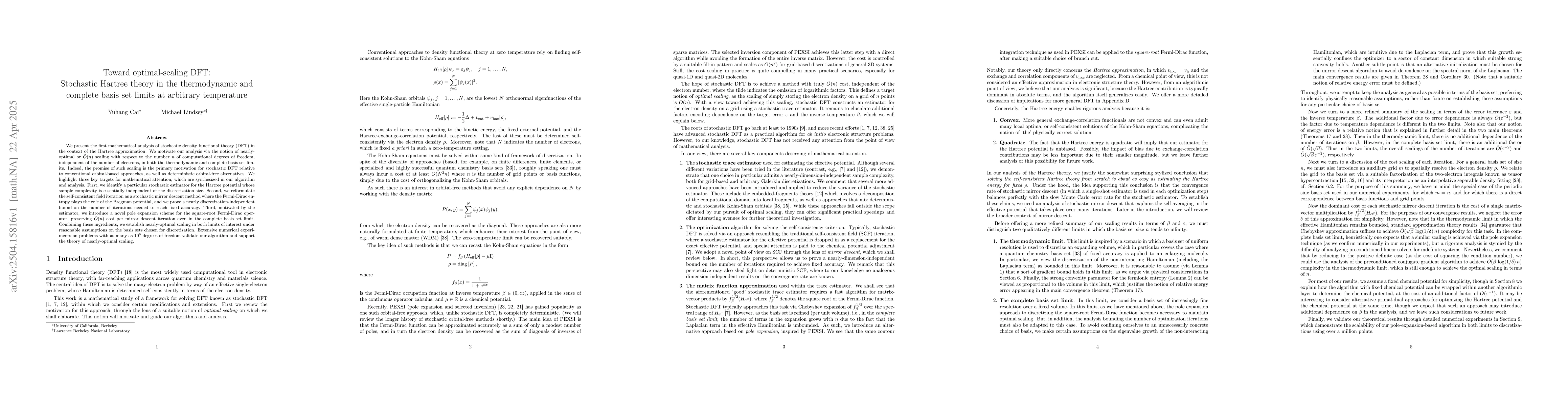 Thumbnail for Toward optimal-scaling DFT: stochastic Hartree theory in the
  thermodynamic and complete basis set limits at arbitrary temperature
