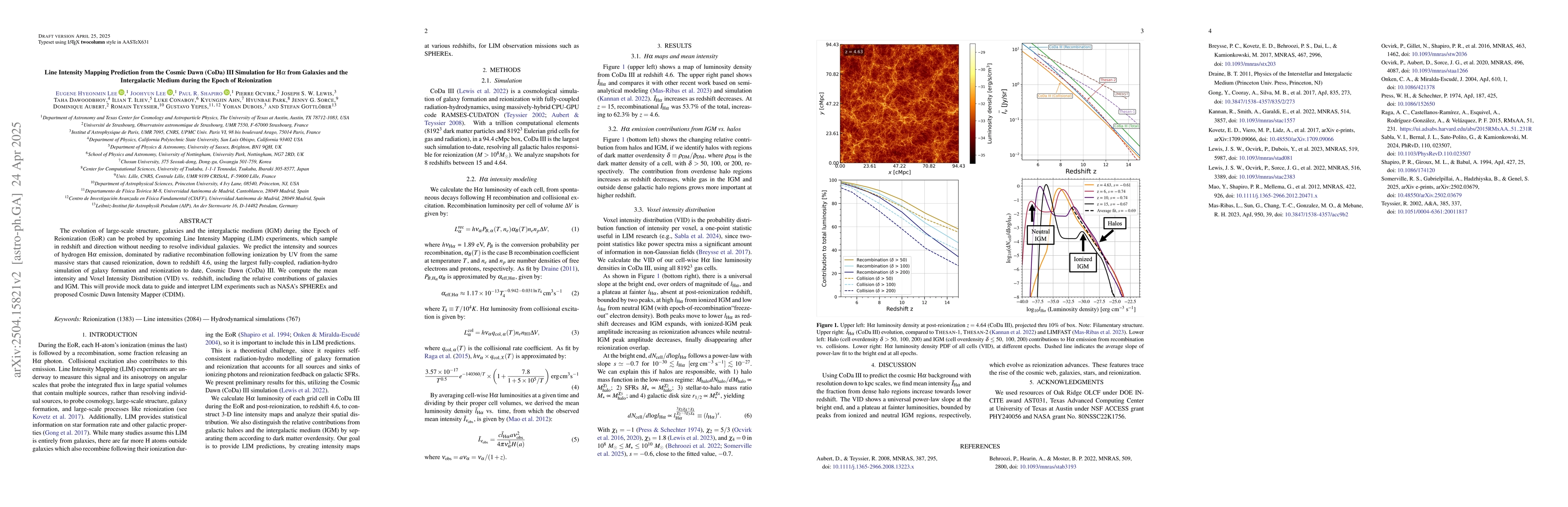 Thumbnail for Line Intensity Mapping Prediction from the Cosmic Dawn (CoDa) III
  Simulation for H$α$ from Galaxies and the Intergalactic Medium during
  the Epoch of Reionization