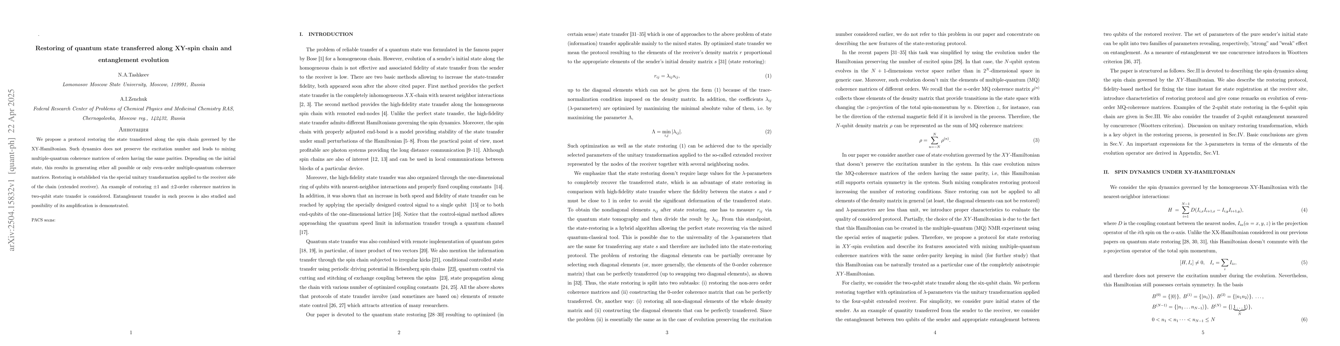 Thumbnail for Restoring of quantum state transferred along XY-spin chain and
  entanglement evolution