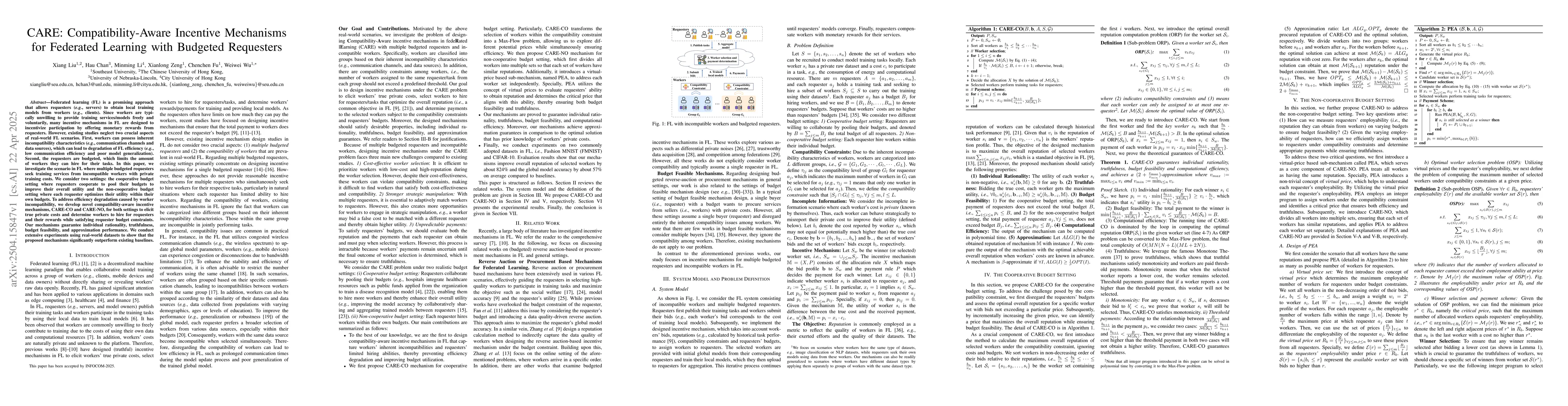 Thumbnail for CARE: Compatibility-Aware Incentive Mechanisms for Federated Learning
  with Budgeted Requesters