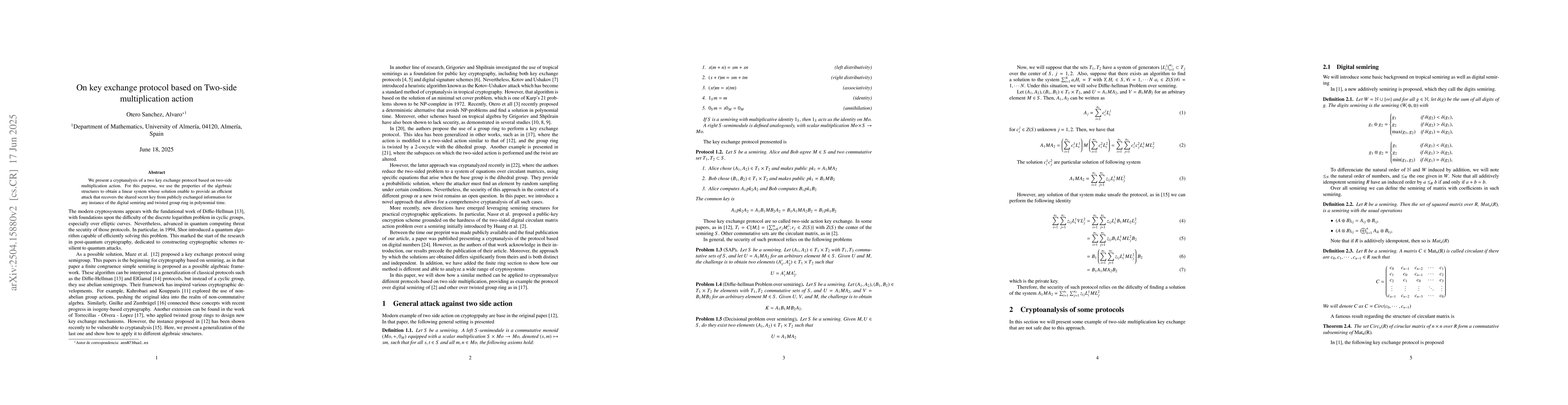 Thumbnail for Cryptoanalysis of a public key exchange based on circulant matrix over
  digital semiring