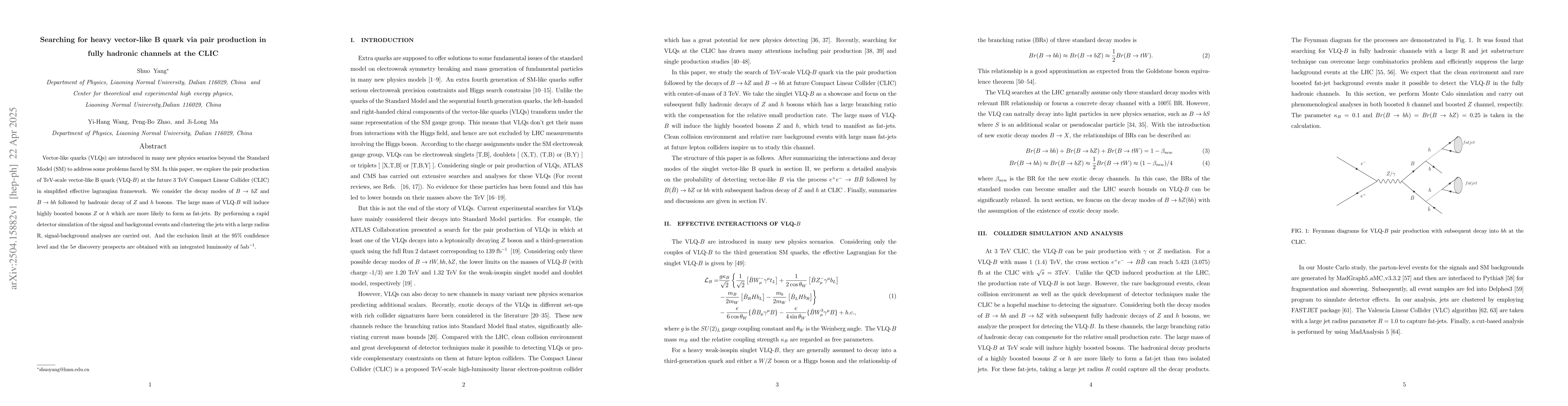 Thumbnail for Searching for heavy vector-like B quark via pair production in fully
  hadronic channels at the CLIC