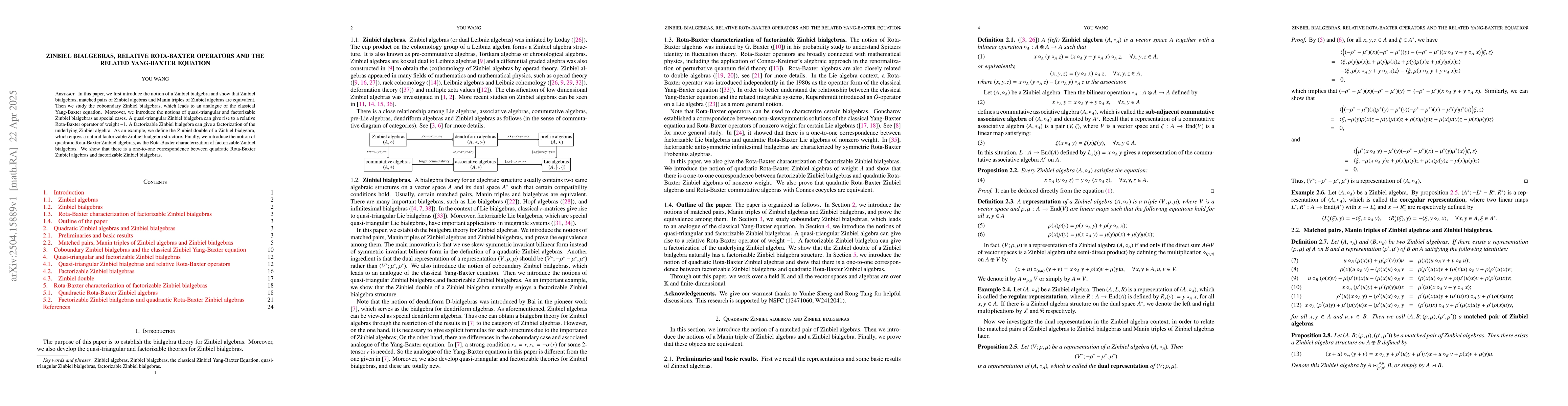 Thumbnail for Zinbiel bialgebras, relative Rota-Baxter operators and the related
  Yang-Baxter Equation