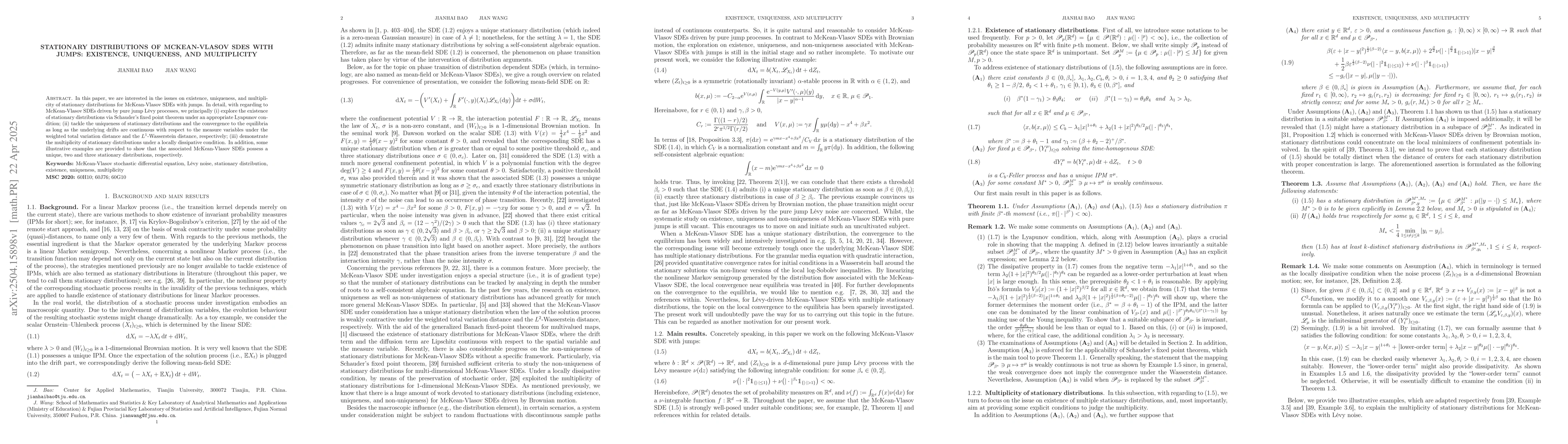 Thumbnail for Stationary distributions of McKean-Vlasov SDEs with jumps: existence,
  uniqueness, and multiplicity