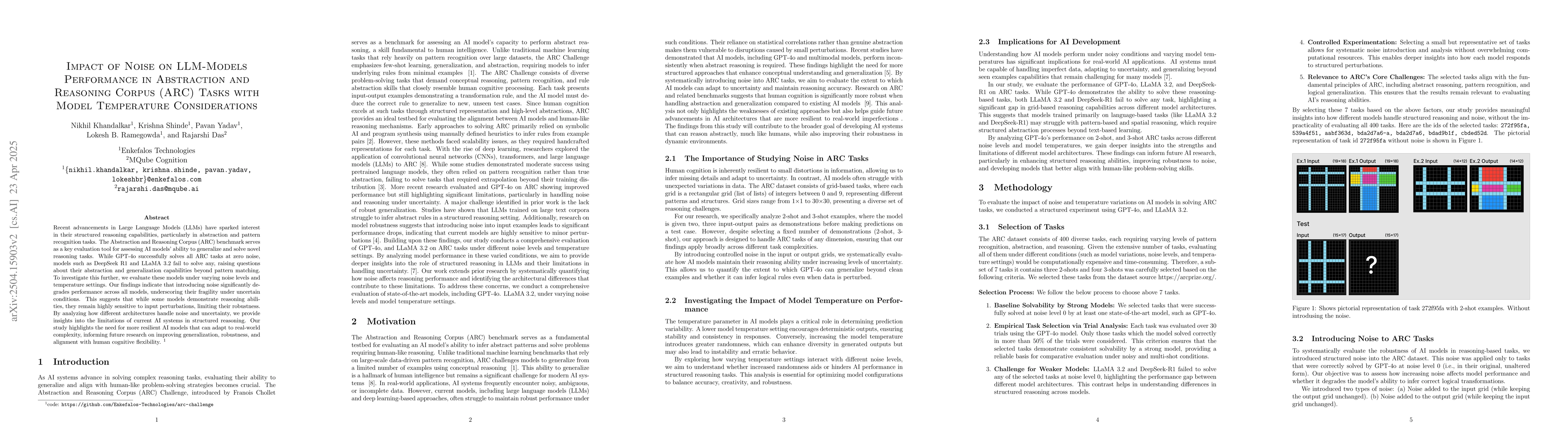 Thumbnail for Impact of Noise on LLM-Models Performance in Abstraction and Reasoning
  Corpus (ARC) Tasks with Model Temperature Considerations