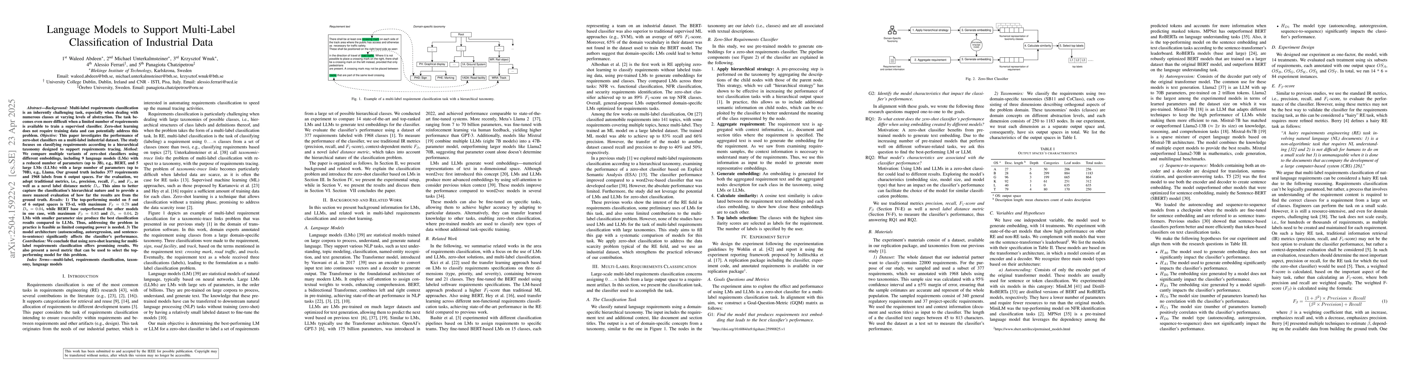 Thumbnail for Language Models to Support Multi-Label Classification of Industrial Data