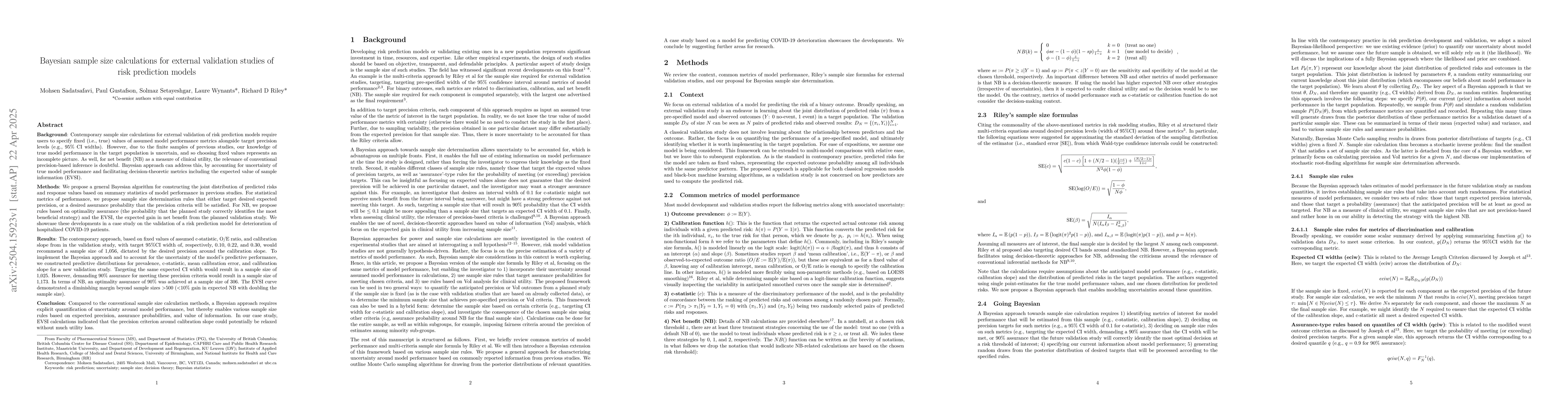 Thumbnail for Bayesian sample size calculations for external validation studies of
  risk prediction models