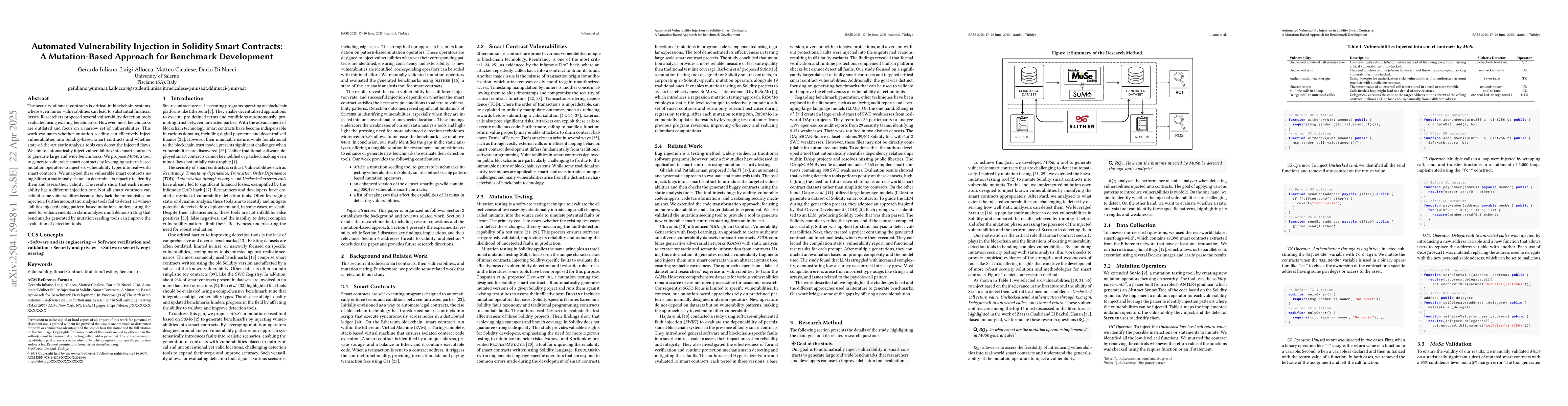 Thumbnail for Automated Vulnerability Injection in Solidity Smart Contracts: A
  Mutation-Based Approach for Benchmark Development