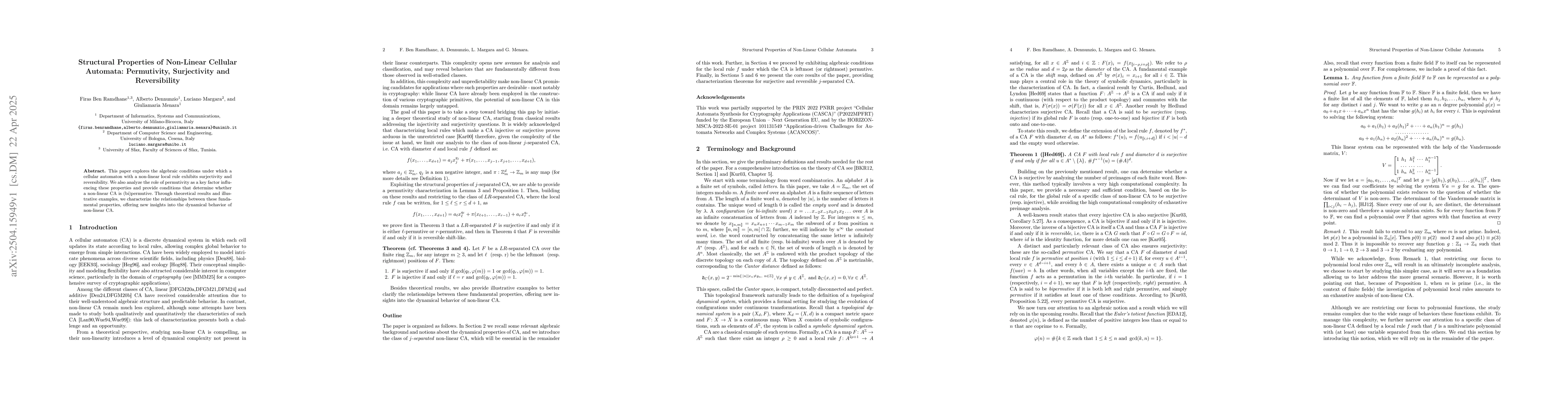 Thumbnail for Structural Properties of Non-Linear Cellular Automata: Permutivity,
  Surjectivity and Reversibility