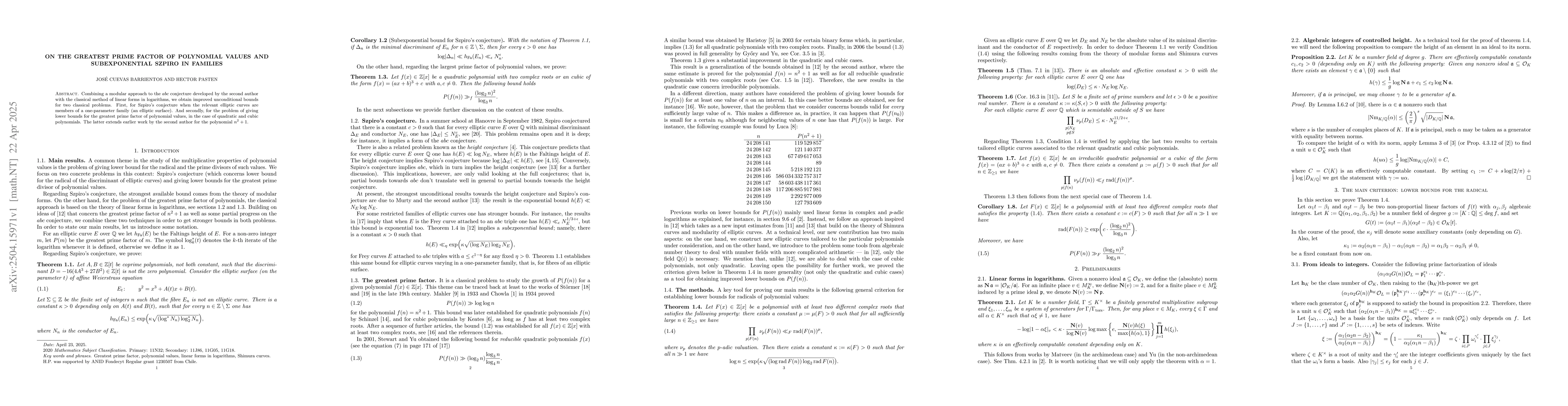 Thumbnail for On the greatest prime factor of polynomial values and subexponential
  Szpiro in families