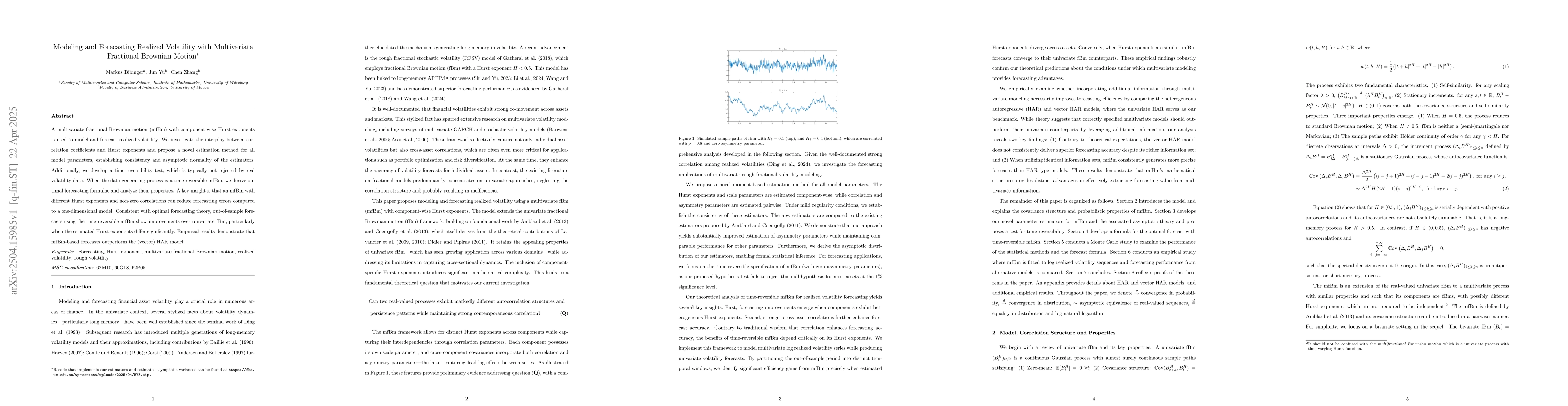 Thumbnail for Modeling and Forecasting Realized Volatility with Multivariate
  Fractional Brownian Motion