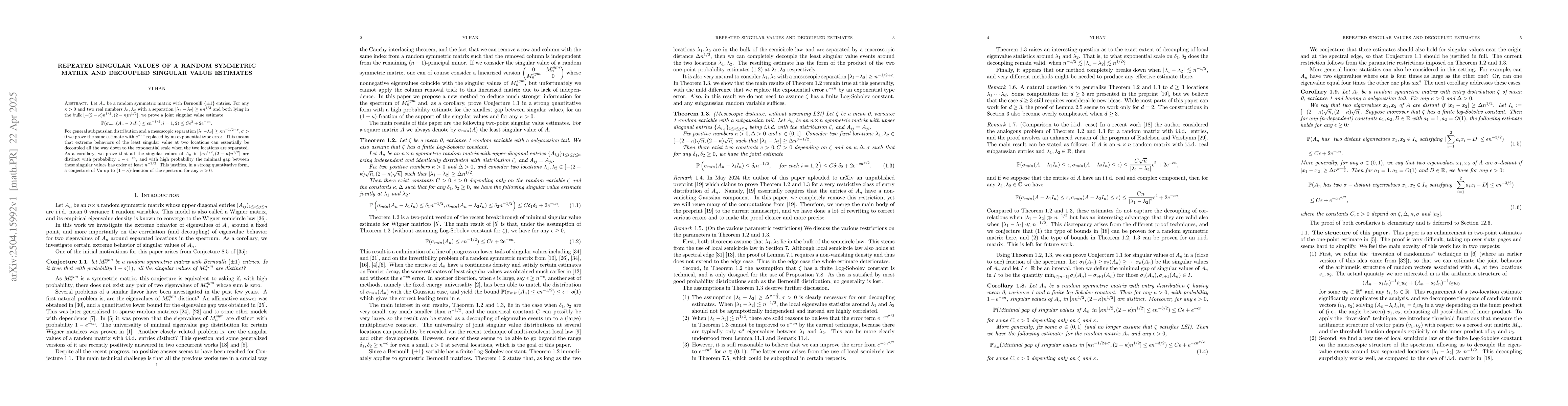 Thumbnail for Repeated singular values of a random symmetric matrix and decoupled
  singular value estimates