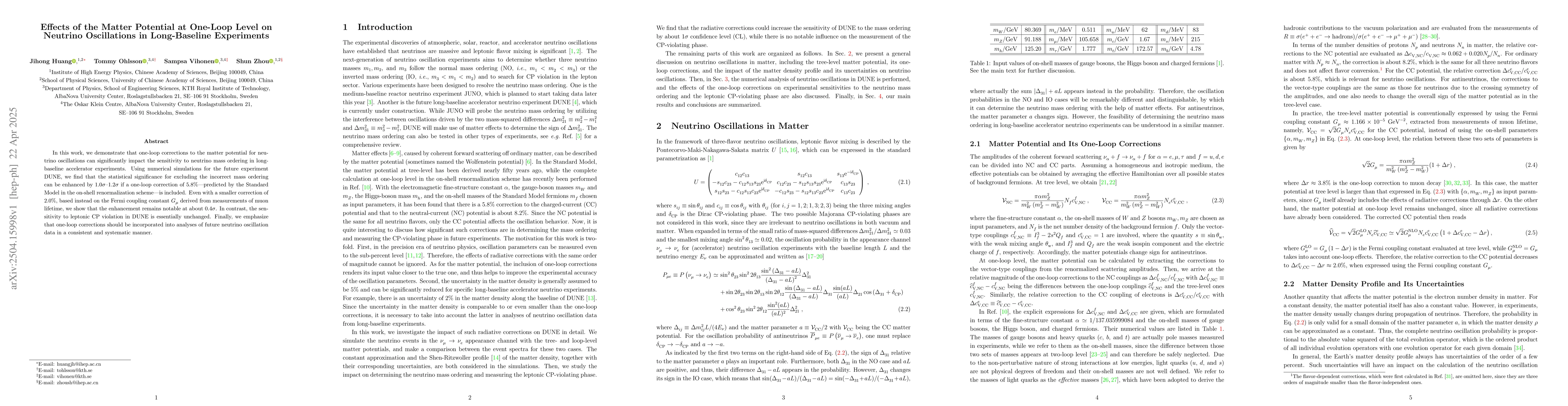 Thumbnail for Effects of the Matter Potential at One-Loop Level on Neutrino
  Oscillations in Long-Baseline Experiments