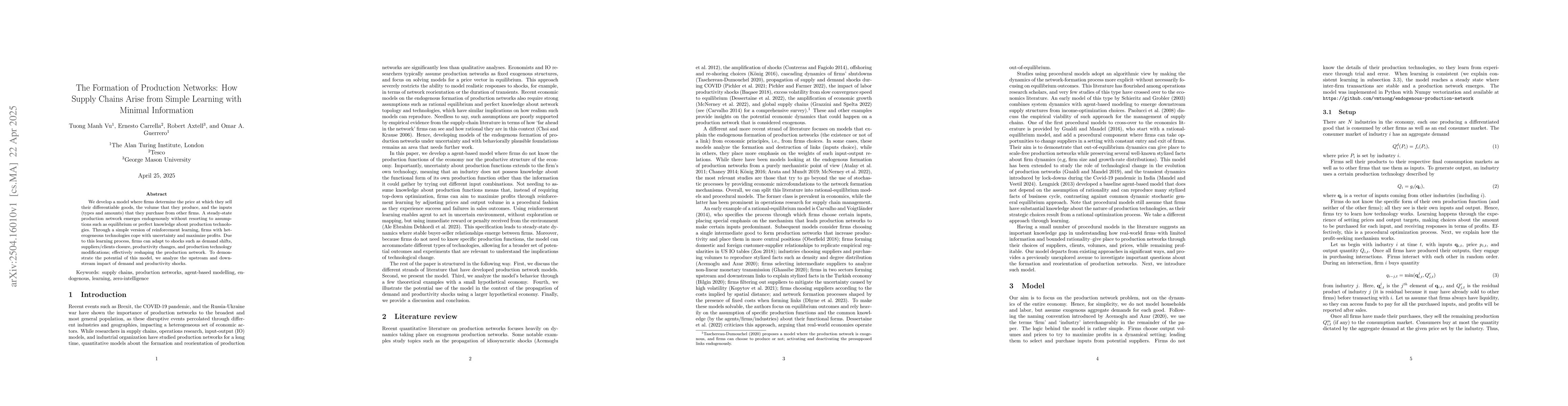 Thumbnail for The Formation of Production Networks: How Supply Chains Arise from
  Simple Learning with Minimal Information