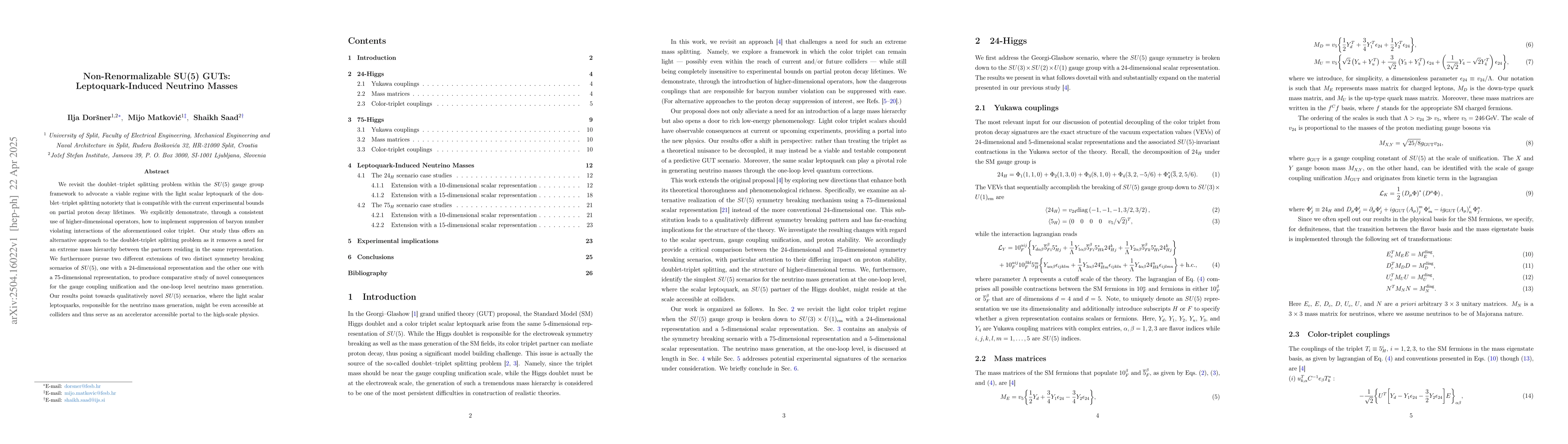 Thumbnail for Non-Renormalizable SU(5) GUTs: Leptoquark-Induced Neutrino Masses
