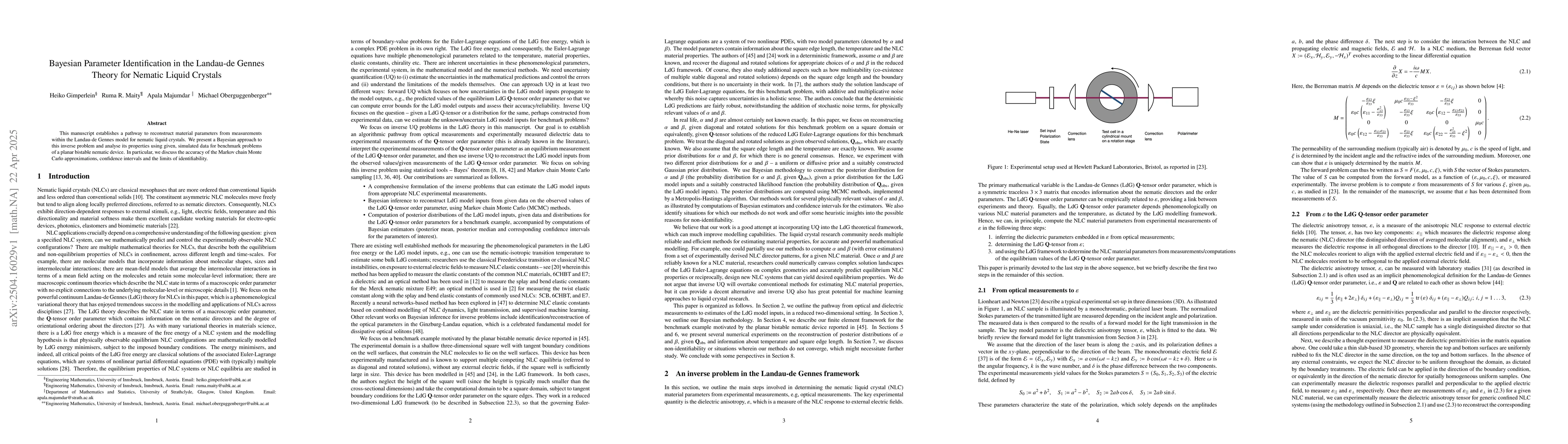 Thumbnail for Bayesian Parameter Identification in the Landau-de Gennes Theory for
  Nematic Liquid Crystals