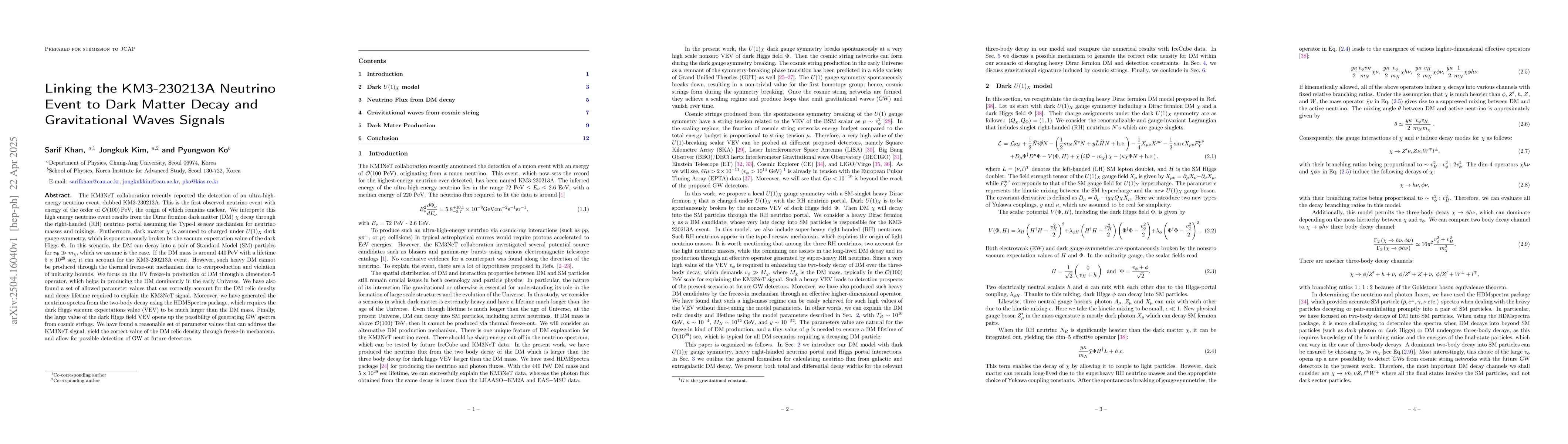 Thumbnail for Linking the KM3-230213A Neutrino Event to Dark Matter Decay and
  Gravitational Waves Signals
