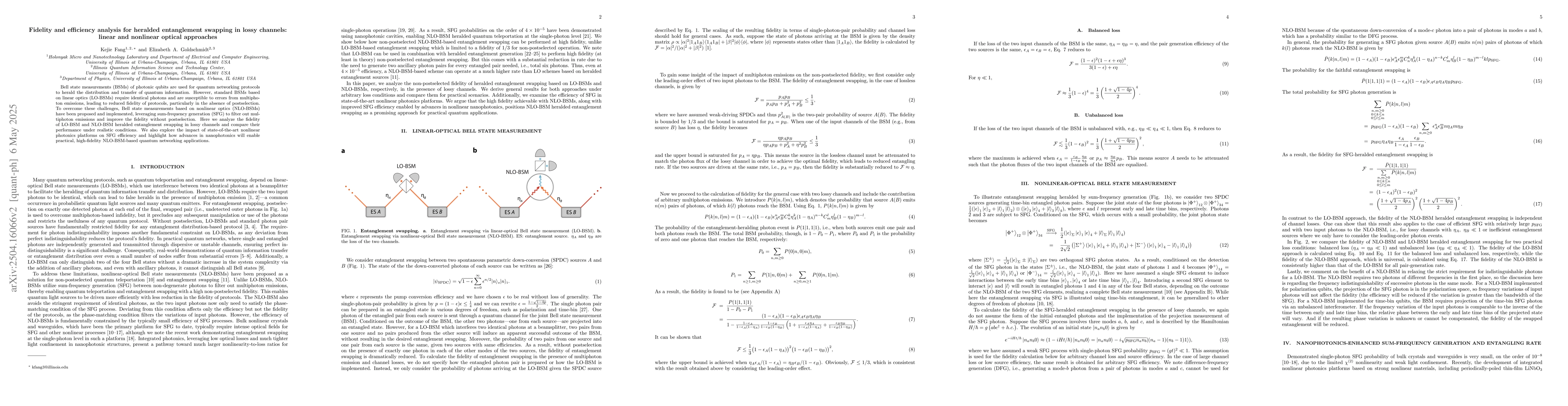Thumbnail for Fidelity and efficiency analysis for heralded entanglement swapping in
  lossy channels: linear and nonlinear optical approaches