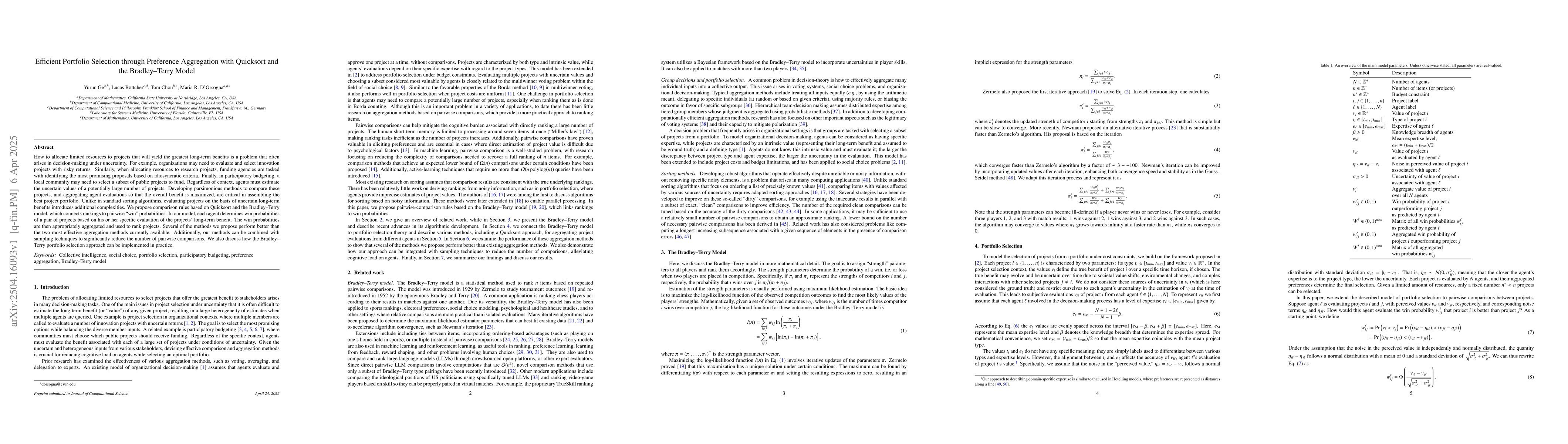Thumbnail for Efficient Portfolio Selection through Preference Aggregation with
  Quicksort and the Bradley--Terry Model